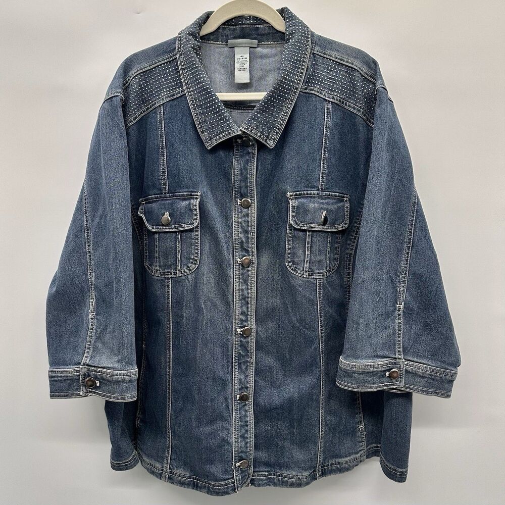 Catherines Studded Denim Jacket Plus Sz 4X Embellished Button Up Shacket Sparkly